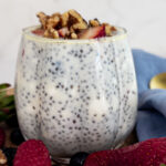 Cheesecake-like Chia Pudding with strawberries and walnuts