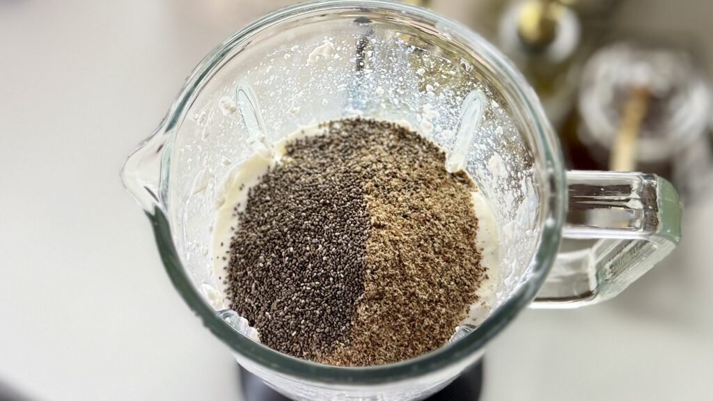 chia, hemp, flax seed, Greek Yogurt and cottage cheese in a blender