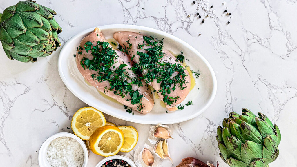 chicken breast, parsley, dill, lemon, garlic, and peppercorns 