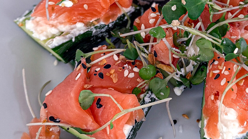 Low Carb 'Sushi' alternative, close up shot of meal with salmon, micro greens, seasoning
