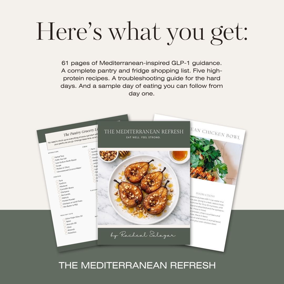 An image promoting "The Mediterranean Refresh," a food guide by Racheal Salazar specifically designed for people using GLP-1 medications.