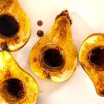 Baked pears with caramelized tops and balsamic reduction.