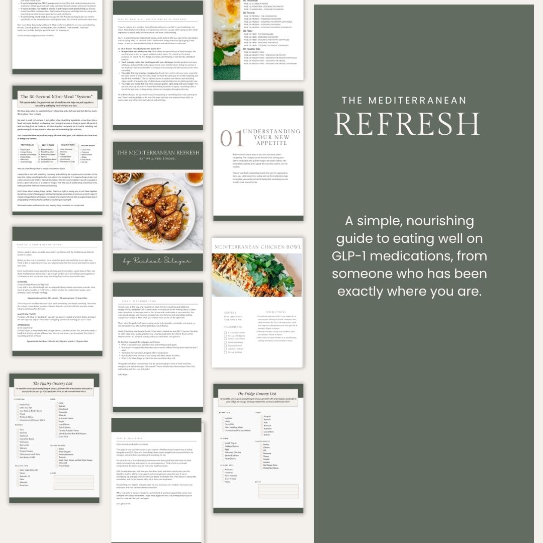 An image promoting "The Mediterranean Refresh," a food guide by Racheal Salazar specifically designed for people using GLP-1 medications.