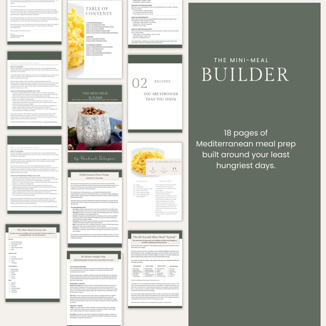 A structured "Mini-Meal System" table showing columns for protein base, gentle fiber, healthy fats, and flavor boosts