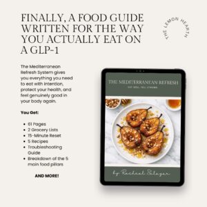 An image promoting "The Mediterranean Refresh," a food guide by Racheal Salazar specifically designed for people using GLP-1 medications. The graphic features a tablet displaying the guide's cover, which shows roasted pears with nuts and honey. Text on the left outlines the guide's contents, including 61 pages, 2 grocery lists, a 15-minute reset, 5 recipes, a troubleshooting guide, and a breakdown of 5 main food pillars. The logo for "The Lemon Hearth" is in the top right corner.