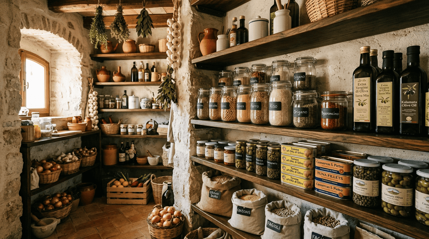 glp-1 pantry essentials Shelves filled with jars of spices, grains, canned goods, olives, garlic, onions, and bottles of olive oil in a rustic pantry