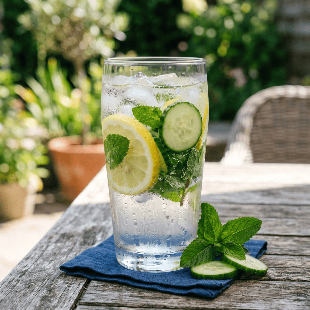 manage the Ozempic gut Glass of iced water with lemon slices, cucumber slices, and mint leaves