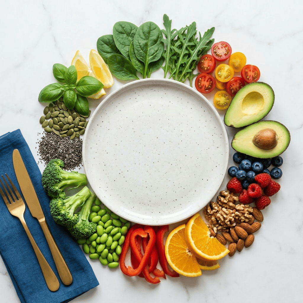 Assorted fresh fruits, vegetables, nuts, and seeds surrounding a white empty plate