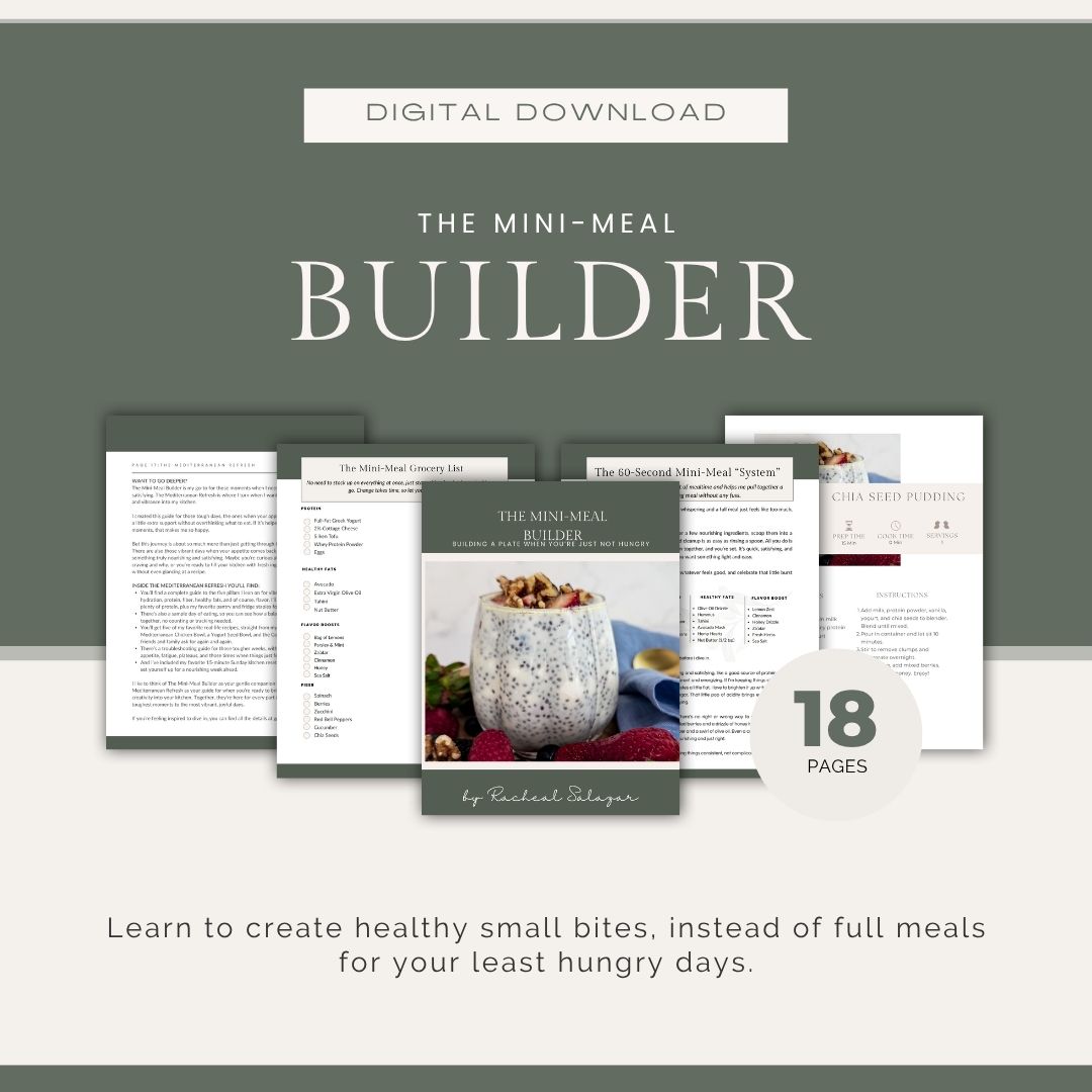 A structured "Mini-Meal System" table showing columns for protein base, gentle fiber, healthy fats, and flavor boosts