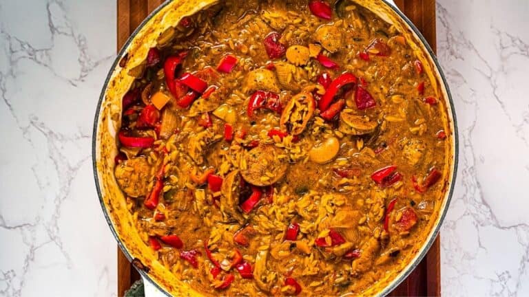 Braised Chicken Sausages with Peppers & Orzo