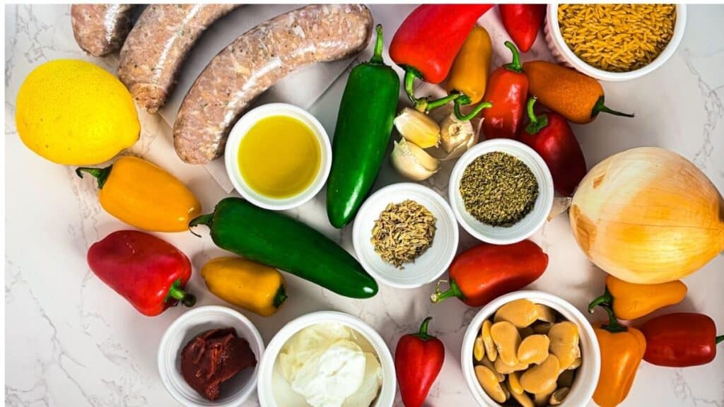 Braised Chicken Sausages with Peppers ingredients flat lay 