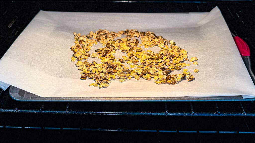 oats, cinnamon, pumpkin seeds in a bowl in oven