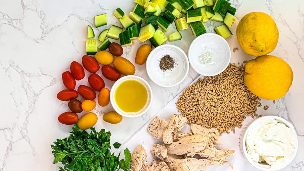 GLP-1 Friendly Mediterranean Chicken Bowl ingredients flatly with lemon, cucumber, cherry tomatoes, chicken yogurt, salt, pepper, olive oil, and parsley on a marble surface
