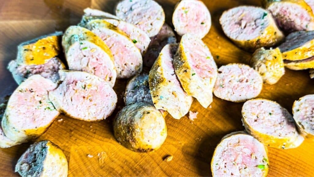 chicken sausage cut on a cutting board