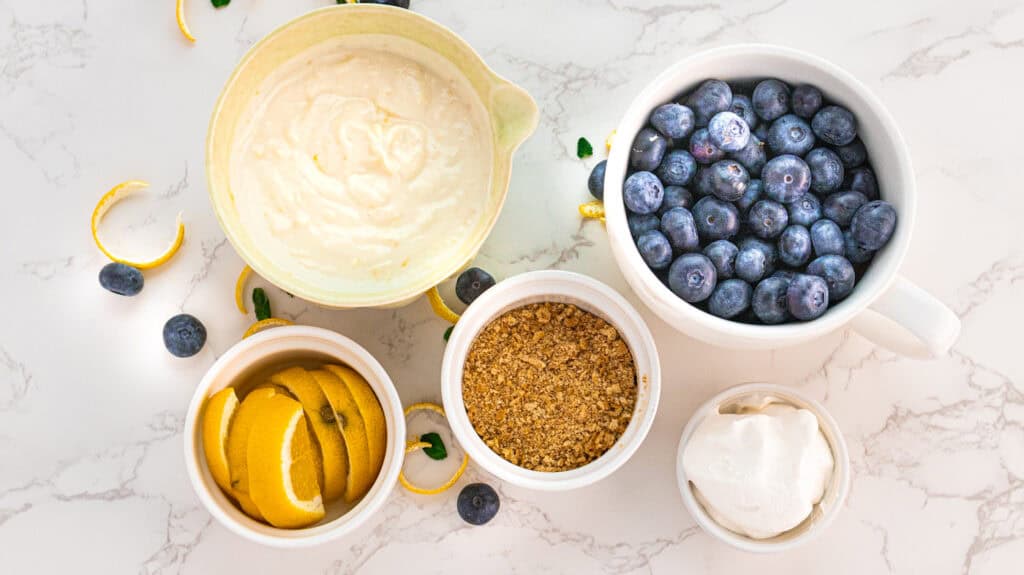 Chilled Greek yogurt lemon mousse with topping: blueberries, graham crackers, lemon wedges, and whipped cream.