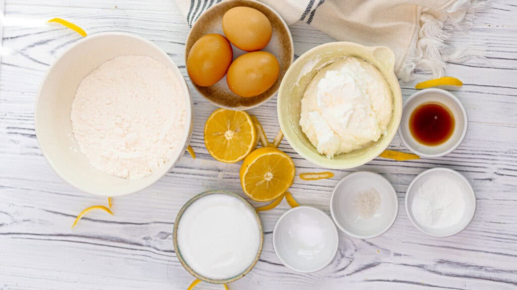 flour, eggs, yogurt, vanilla, baking powder and soda, sea salt, and sugar