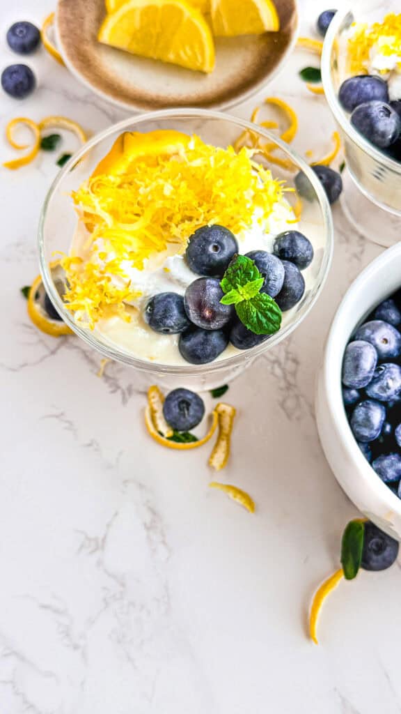 Refreshing lemon and blueberry protein mousse with lemon zest and mint garnish.