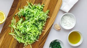 Healthy shredded zucchini for cooking and meal prep.