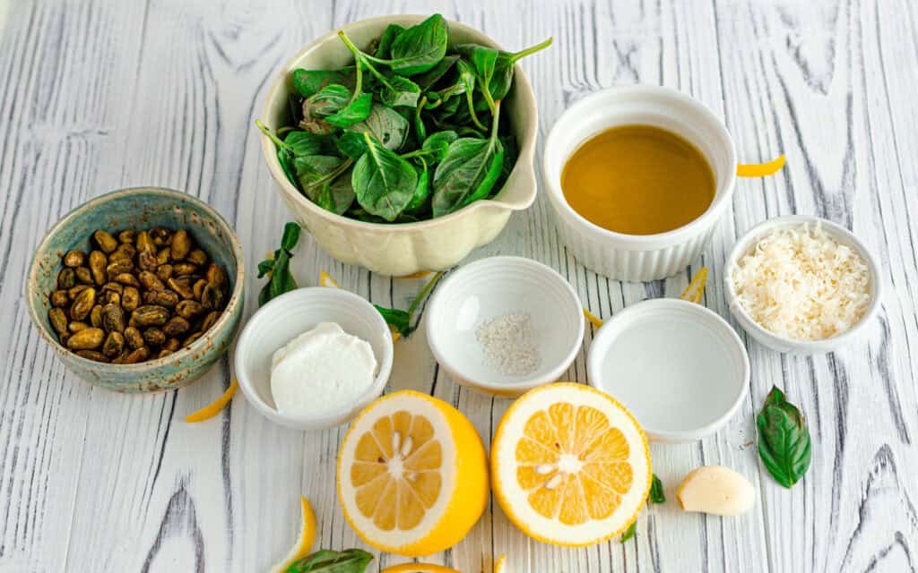basil, pistachios, yogurt, salt, lemons, Parmesan, olive oil ingredients