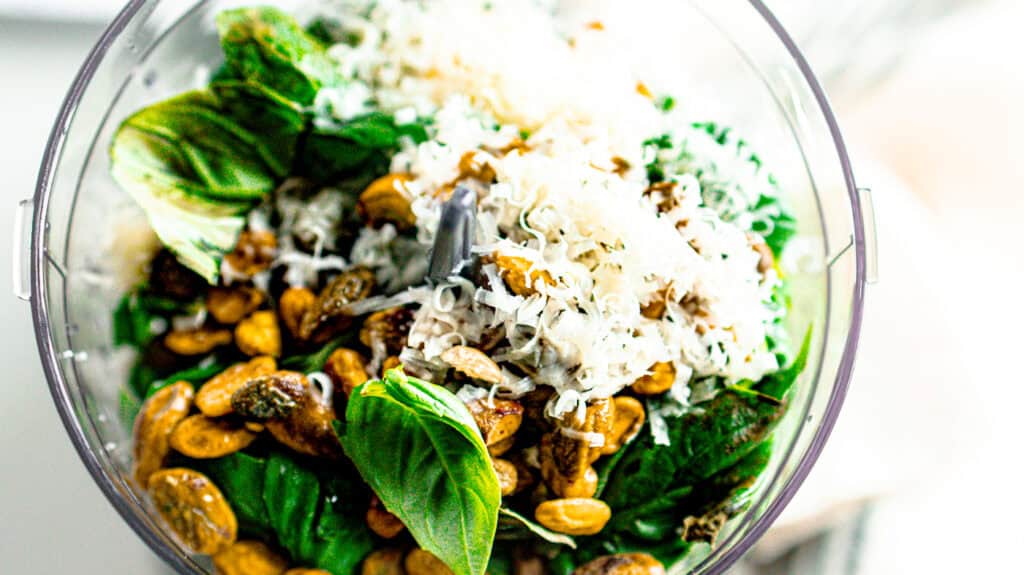 basil, pecans, Parmesan in a food processor