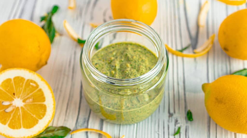 pistachio pesto surrounded by lemons