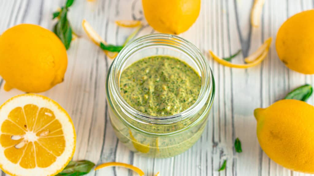 lemony pesto surrounded by lemon