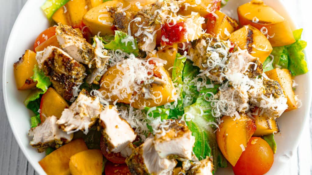 grilled pesto chicken peach burrata salad